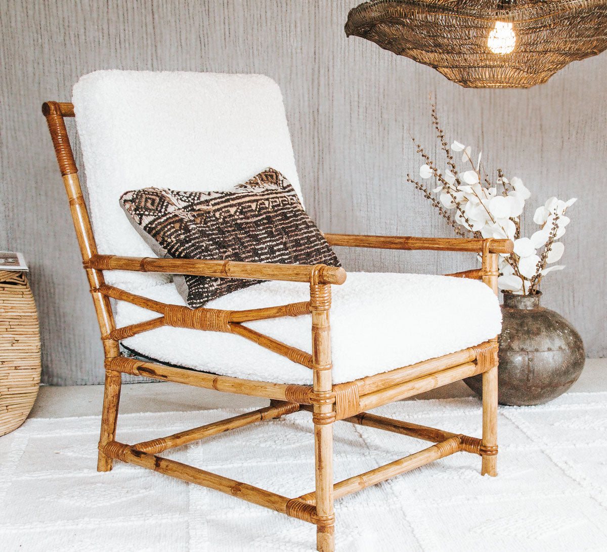 vintage boho armchair bamboo cane chair with armrests and white boucle fabric