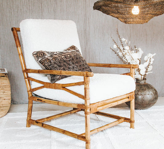 vintage boho armchair bamboo cane chair with armrests and white boucle fabric