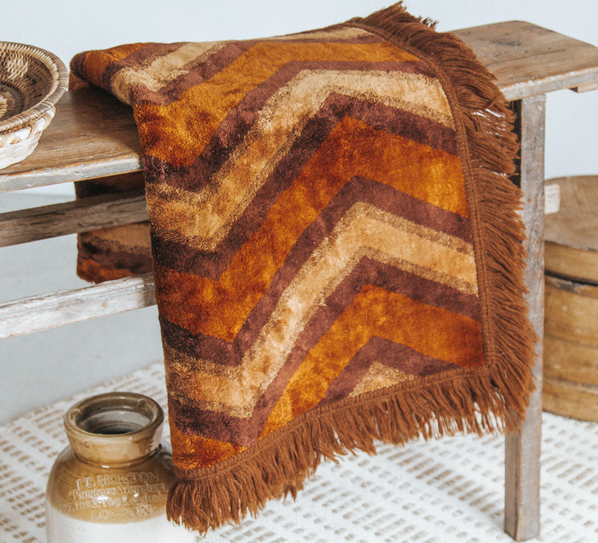 vintage boho velvet tassled throw in earthy gold tones