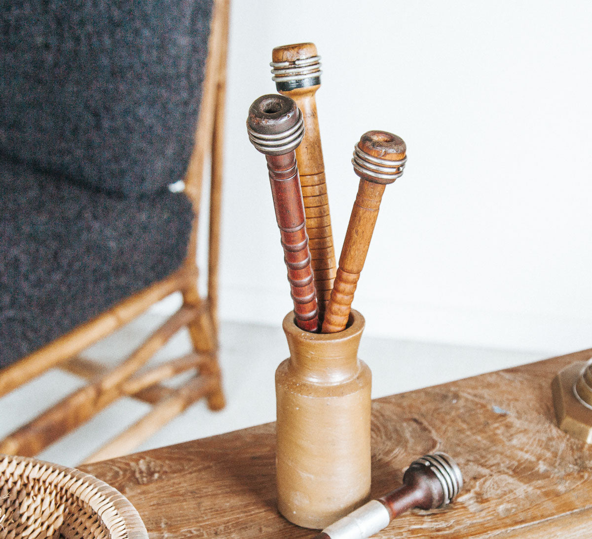 vintage wooden and metal sewing spools