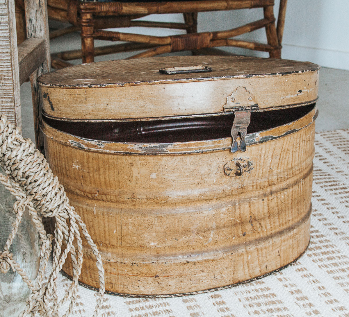 vintage boho metal hat tin in caramel tones