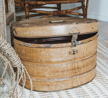 vintage boho metal hat tin in caramel tones