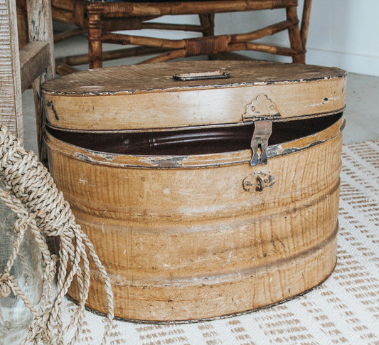 vintage boho metal hat tin in caramel tones