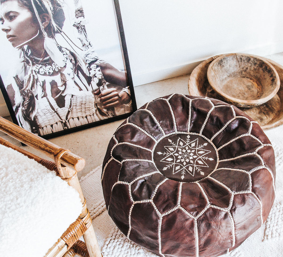 boho Authentic handmade leather ottoman pouf. Premium Handcrafted embroidered in Morocco 