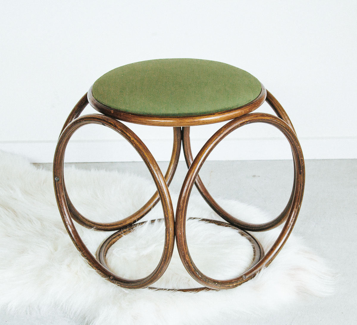 vintage boho bentwood stool with green velvet seat designed by michael thonet