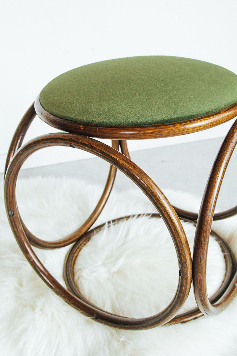vintage retro bentwood tool with velvet green seat designed by micheal thonet