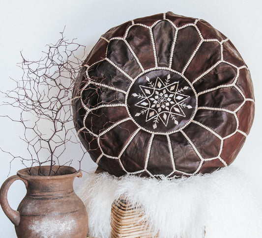 boho Authentic handmade leather ottoman pouf. Premium Handcrafted embroidered in Morocco 