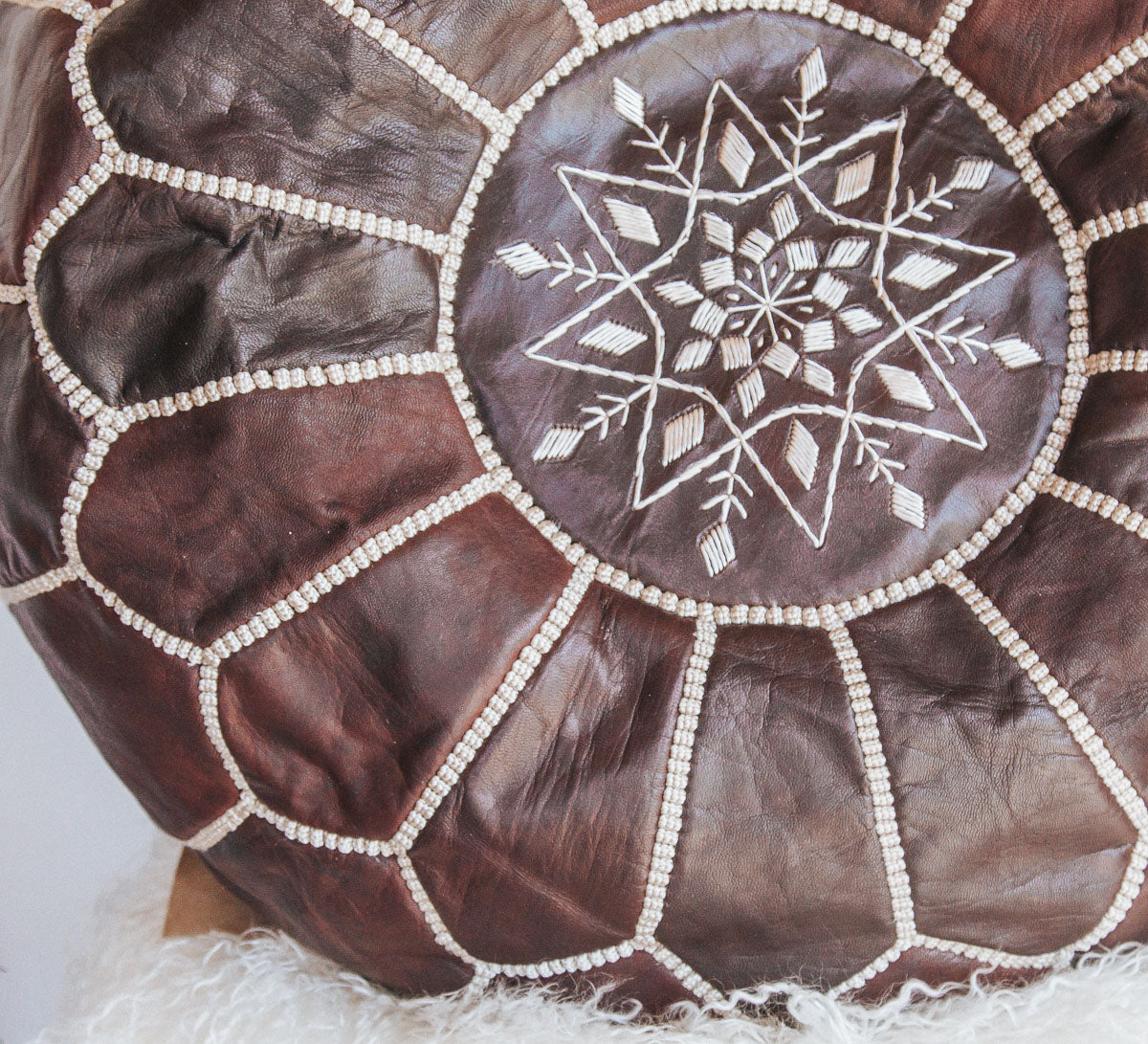 boho Authentic handmade leather ottoman pouf. Premium Handcrafted embroidered in Morocco 