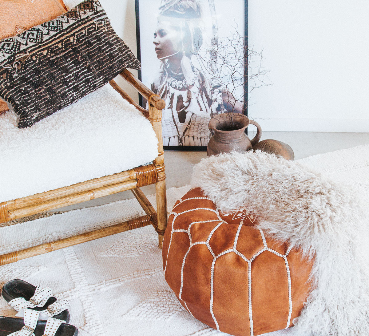 boho Authentic handmade leather ottoman pouf. Premium Handcrafted embroidered in Morocco 