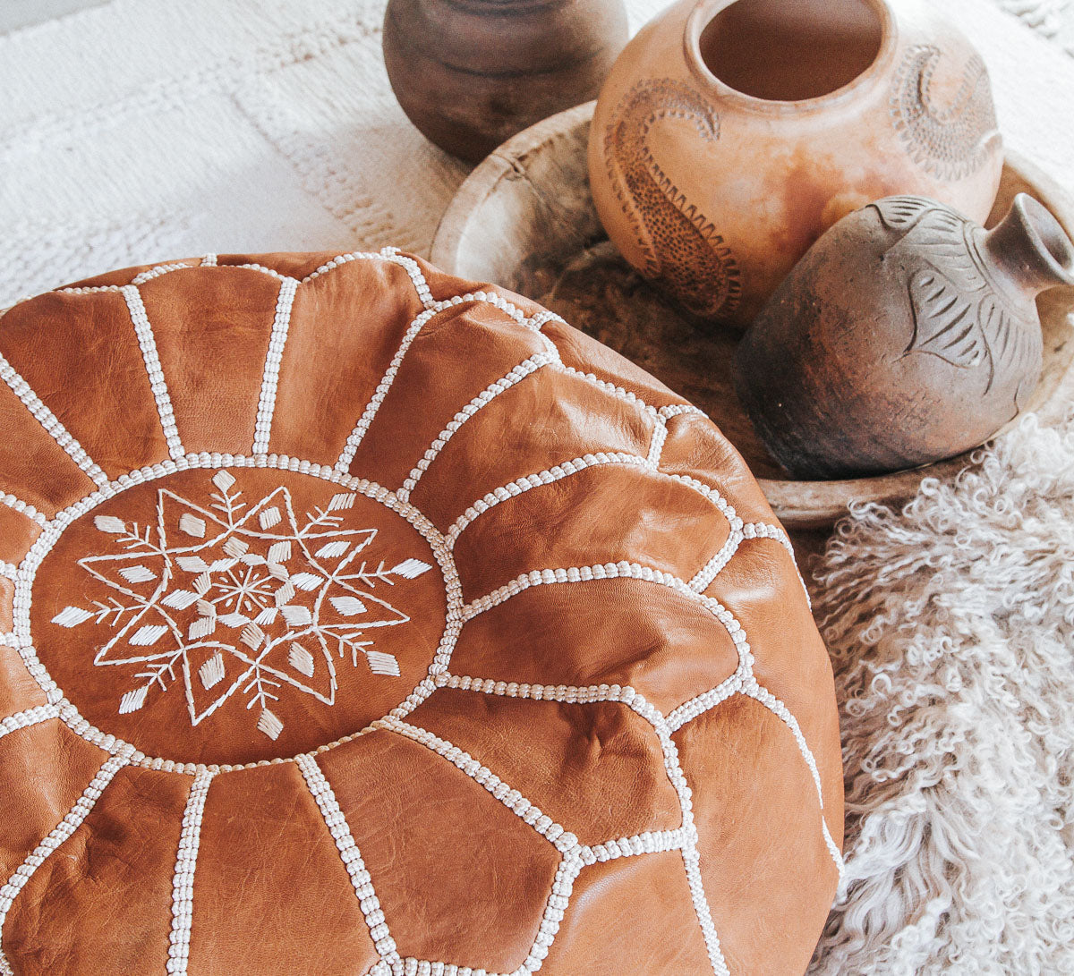 boho Authentic handmade leather ottoman pouf. Premium Handcrafted embroidered in Morocco 