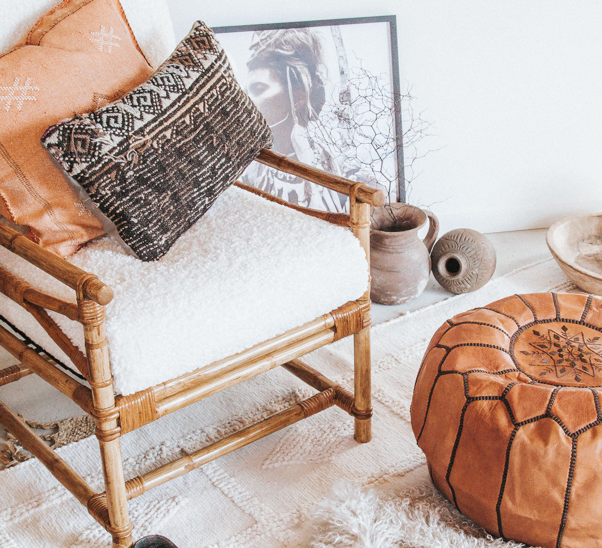 boho Authentic handmade leather ottoman pouf. Premium Handcrafted embroidered in Morocco 