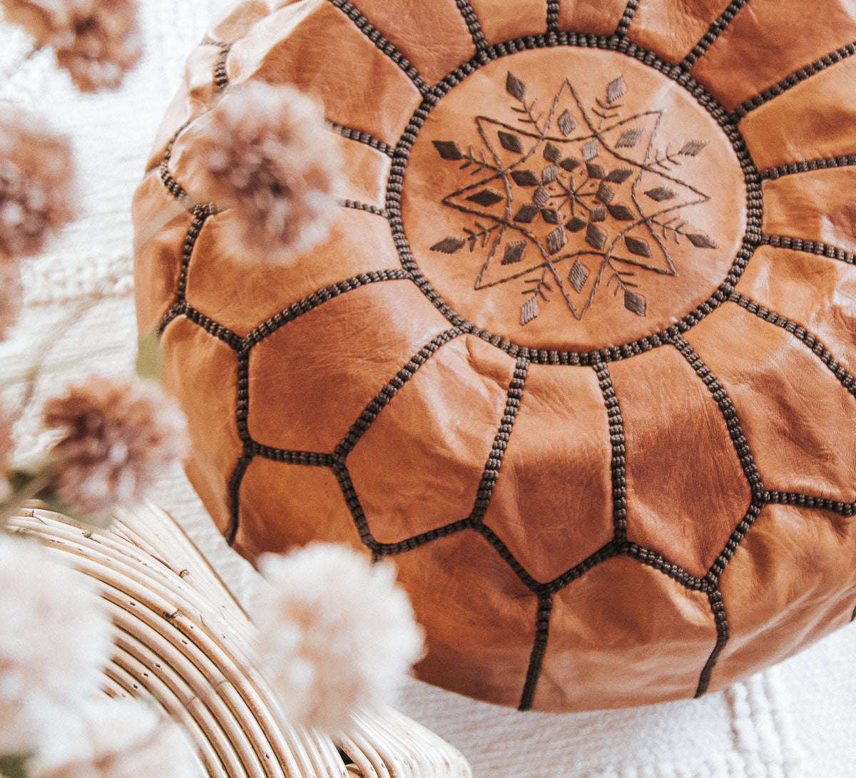 boho Authentic handmade leather ottoman pouf. Premium Handcrafted embroidered in Morocco 