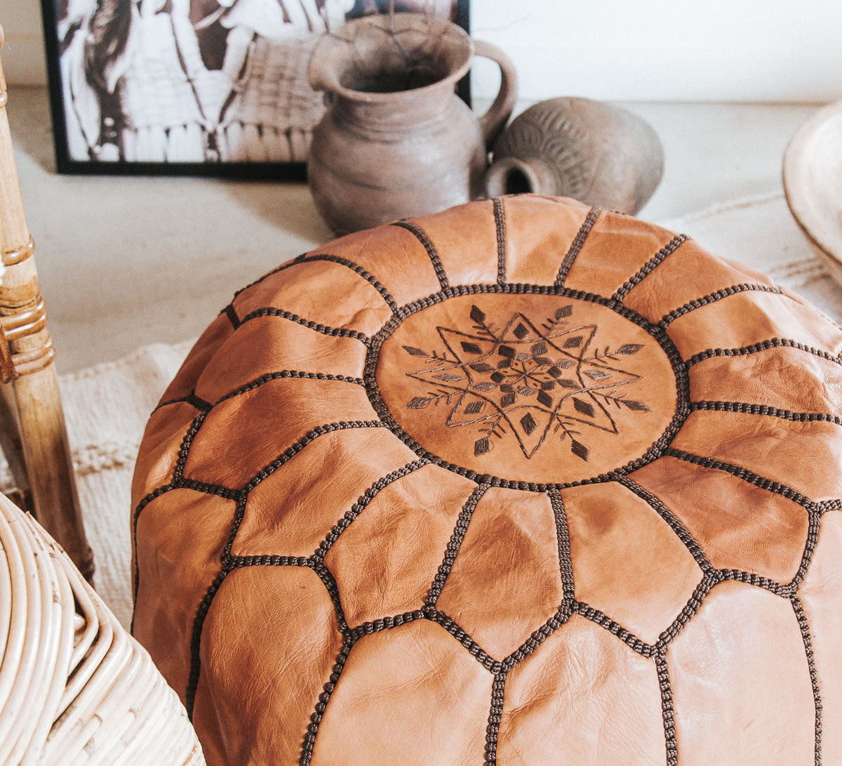 boho Authentic handmade leather ottoman pouf. Premium Handcrafted embroidered in Morocco 