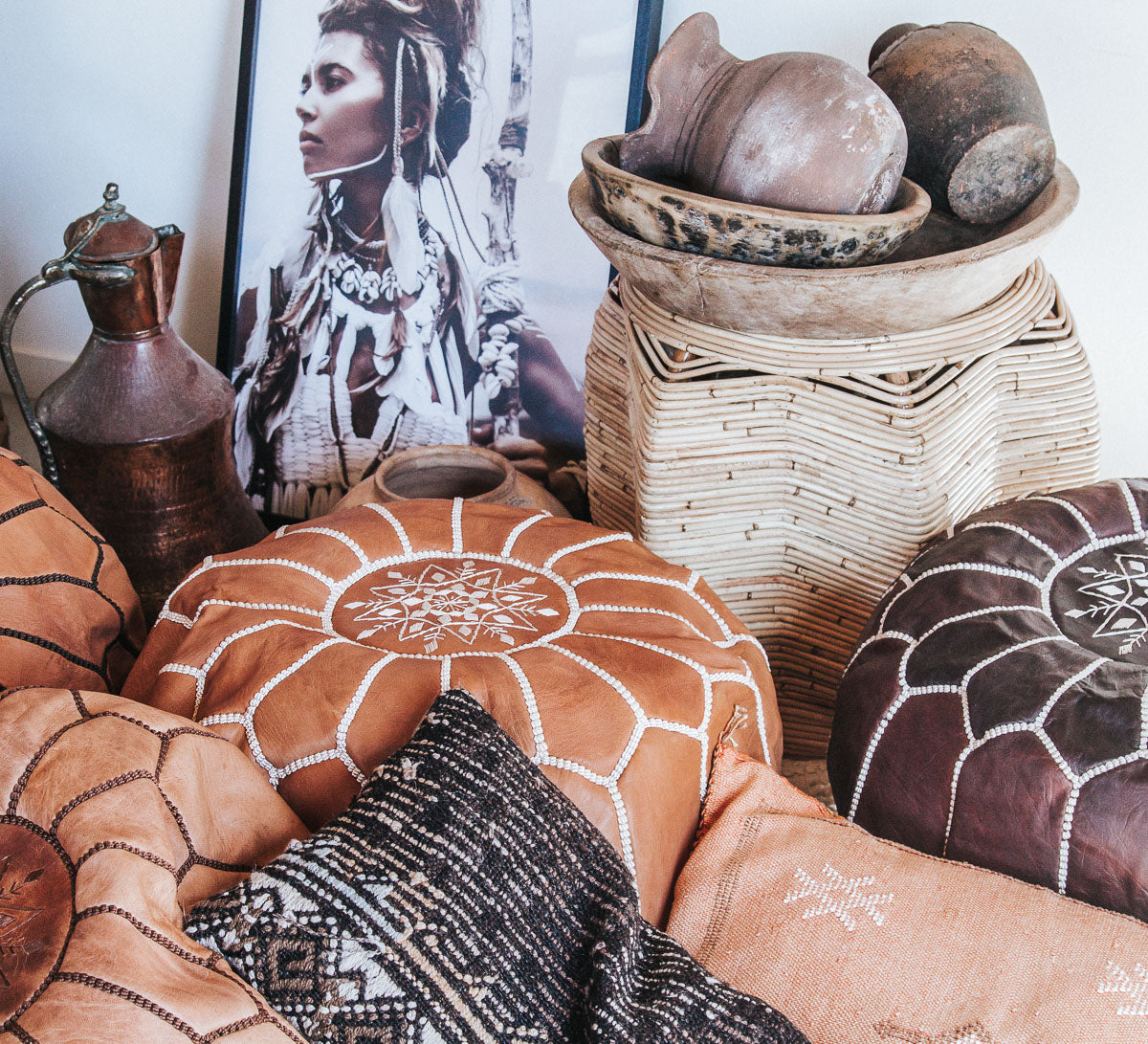 boho Authentic handmade leather ottoman pouf. Premium Handcrafted embroidered in Morocco 