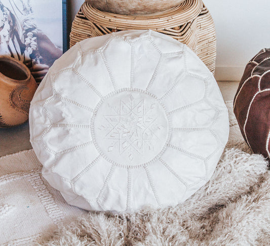 boho Authentic handmade white leather ottoman pouf. Premium Handcrafted embroidered in Morocco 