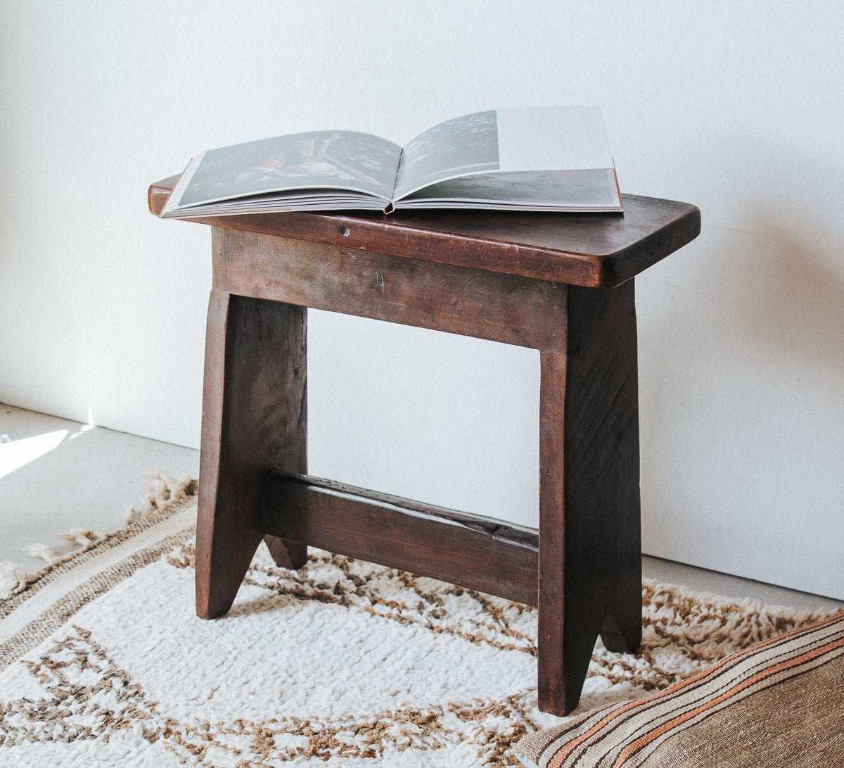 vintage boho dark cocoa coloured relcaimed wooden stool
