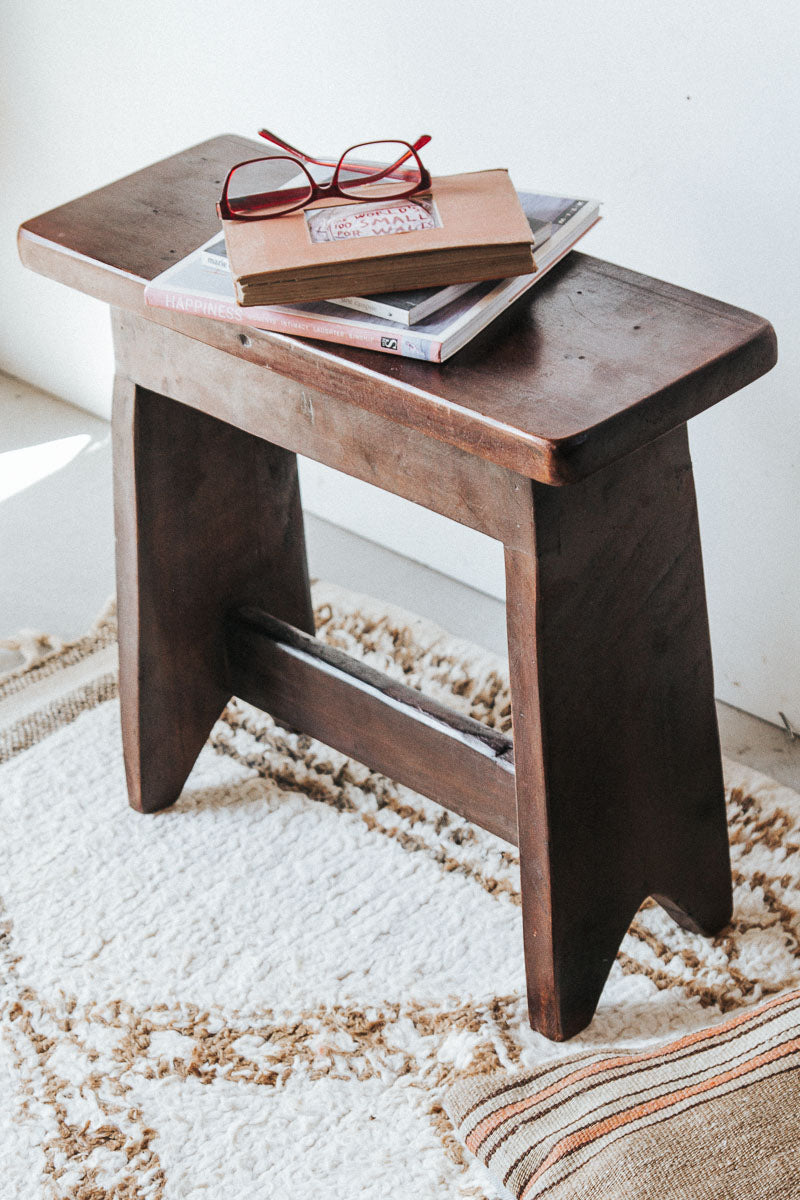 reclaimed boho timber rustic scandi wooden stool in dark cocoa brown