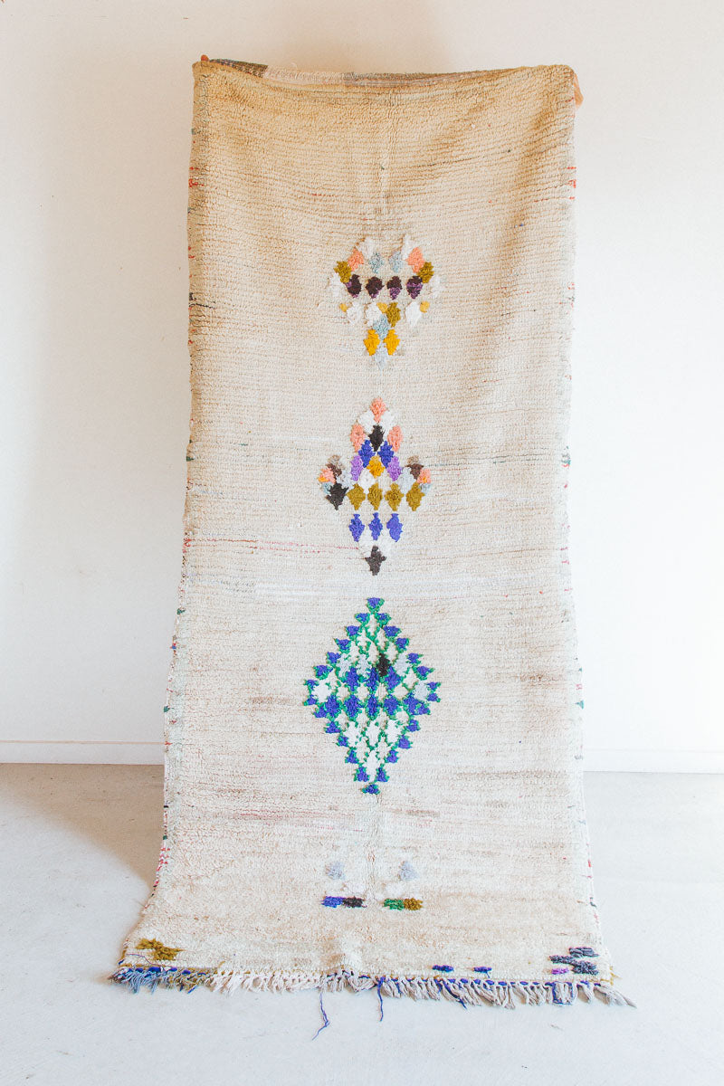 Vintage moroccan boho boujaad rug runner cream with colourful diamonds bohzali