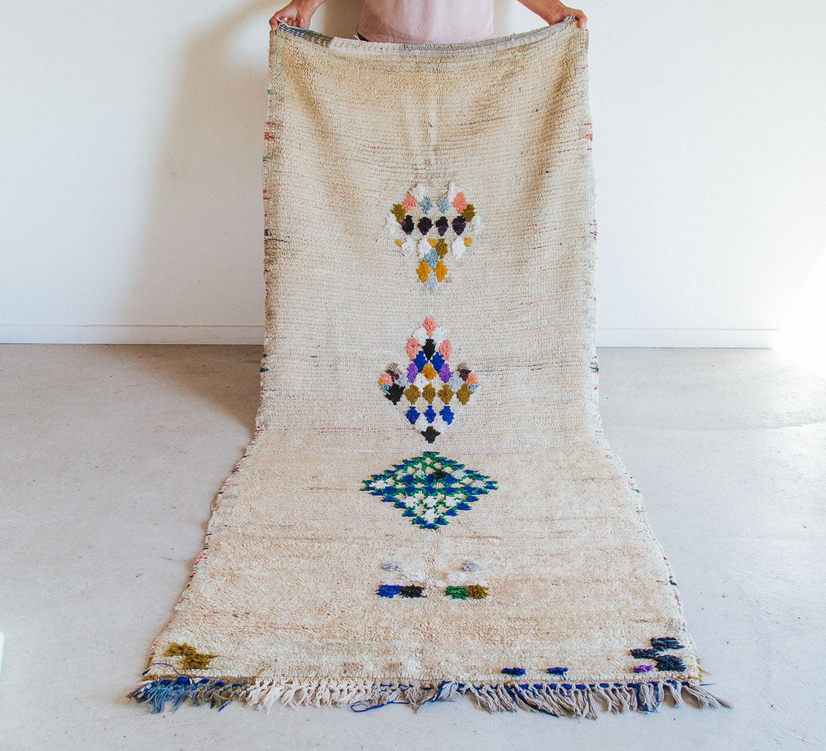 Vintage moroccan boho boujaad rug runner cream with colourful diamonds bohzali
