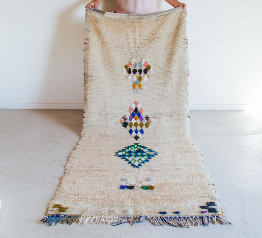 Vintage moroccan boho boujaad rug runner cream with colourful diamonds bohzali