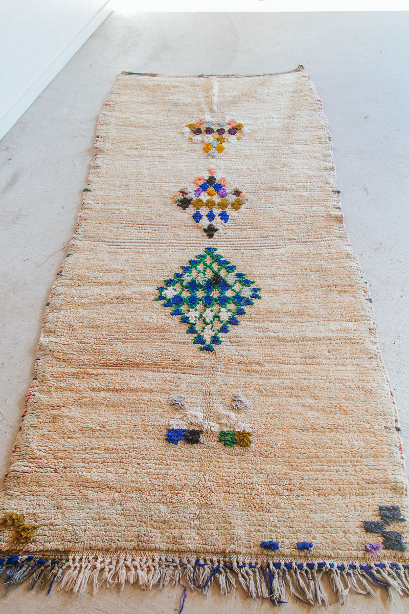 Vintage moroccan boho boujaad rug runner cream with colourful diamonds bohzali