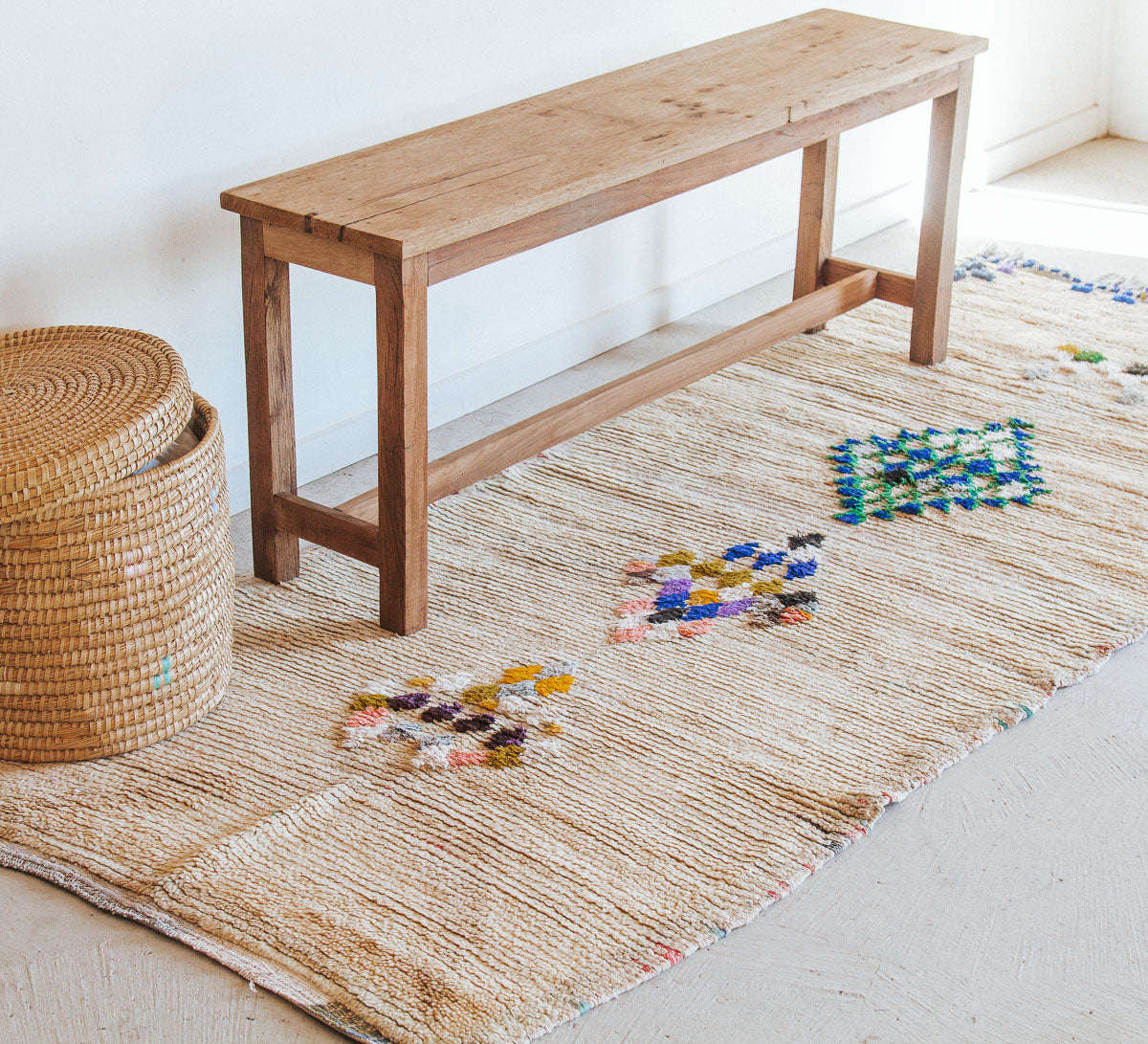 Vintage moroccan boho boujaad rug runner cream with colourful diamonds bohzali