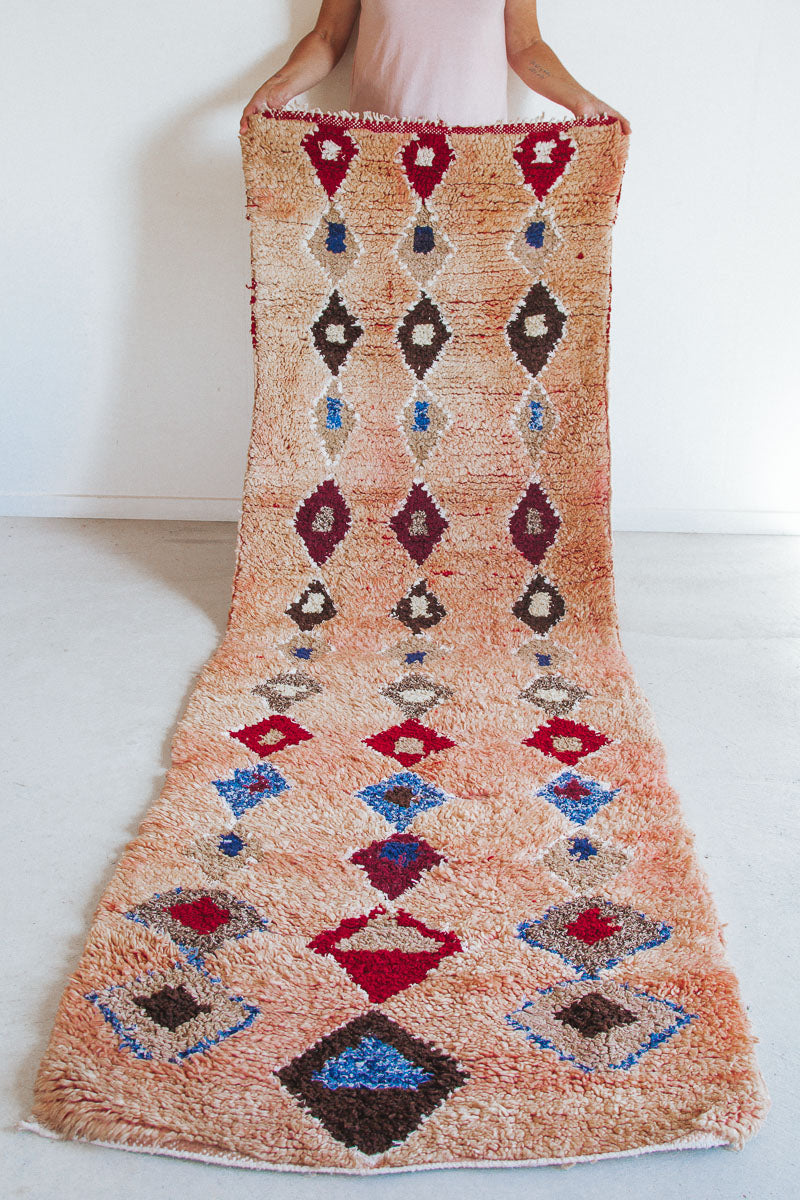 Vintage moroccan boho boujaad rug runner pink with colourful diamonds bohzali