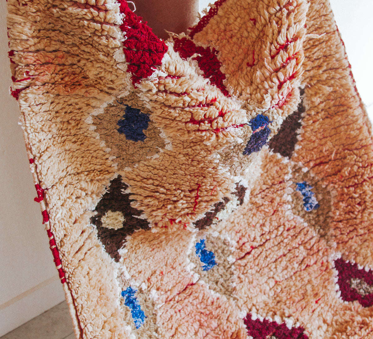 Vintage moroccan boho boujaad rug runner pink with colourful diamonds bohzali