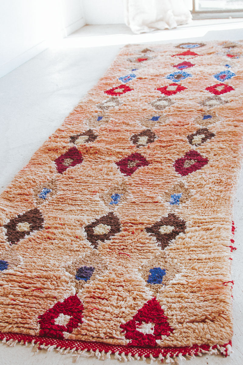 Vintage moroccan boho boujaad rug runner pink with colourful diamonds bohzali