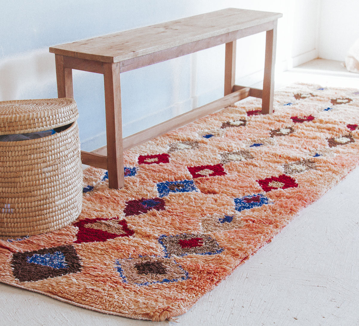 Vintage moroccan boho boujaad rug runner pink with colourful diamonds bohzali