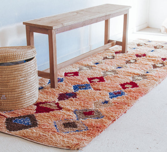 Vintage moroccan boho boujaad rug runner pink with colourful diamonds bohzali