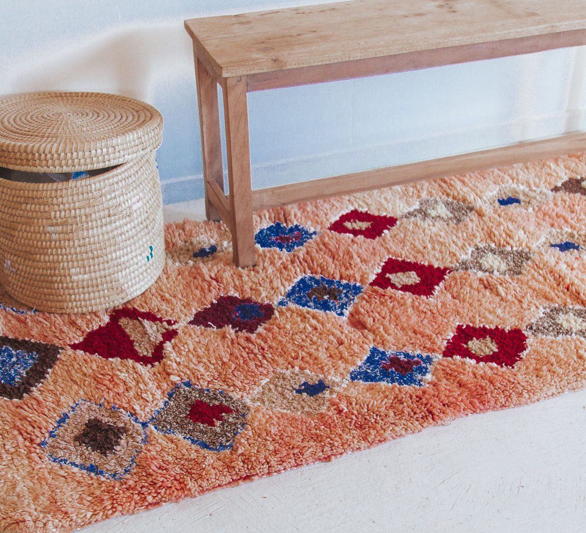 Vintage moroccan boho boujaad rug runner pink with colourful diamonds bohzali
