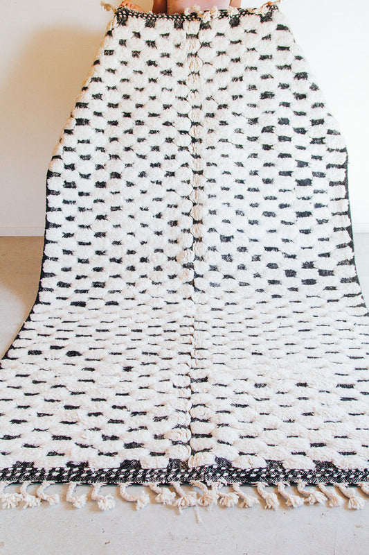 Vintage moroccan beni ourain black and white checked rug with tassles