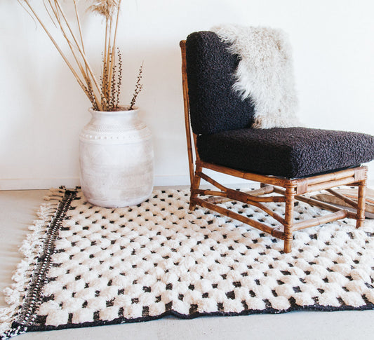 Vintage moroccan beni ourain black and white checked rug with tassles