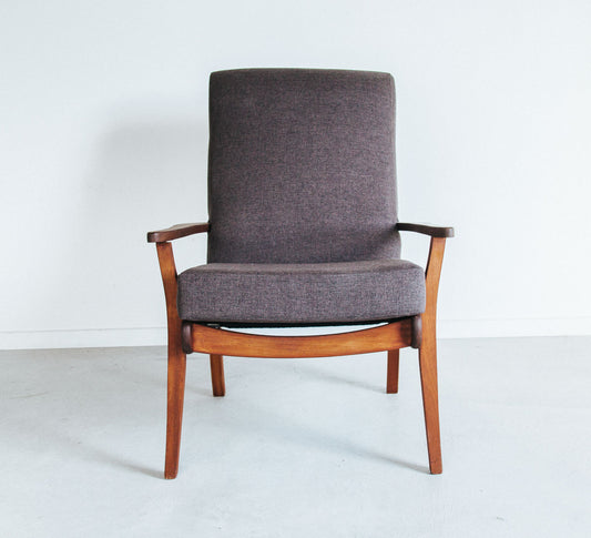 Vintage mid century modern armchair with wooden frame and textured brown upholstery