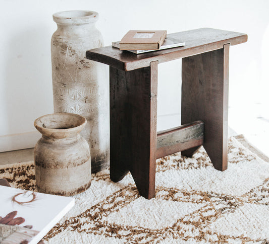reclaimed boho timber rustic scandi wooden stool in dark cocoa brown