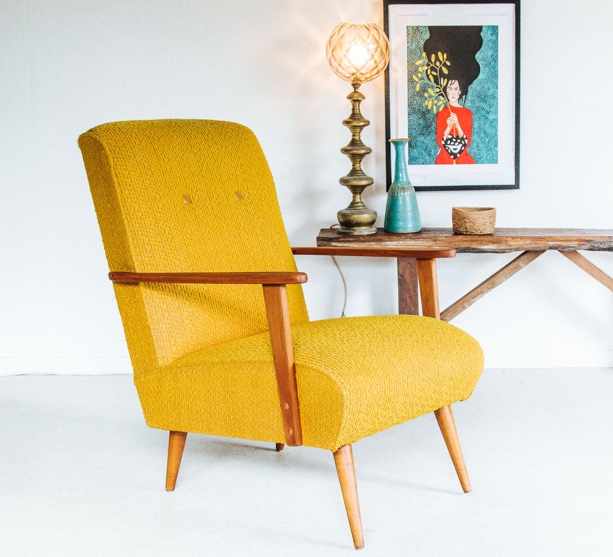 vintage retro wooden boucle bright yellow armchair