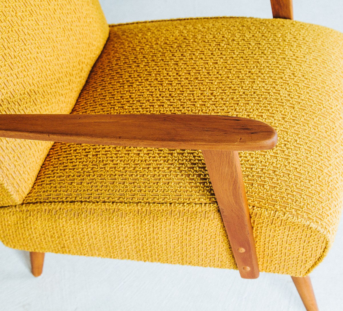 vintage retro wooden boucle bright yellow armchair