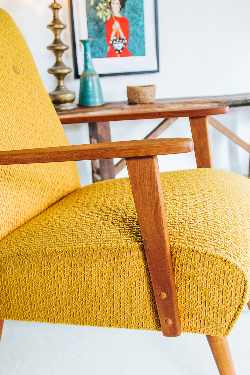 vintage retro wooden boucle bright yellow armchair