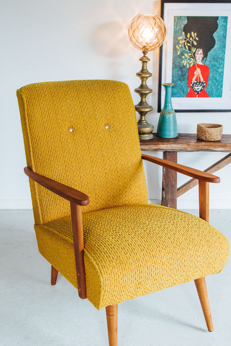 vintage retro wooden boucle bright yellow armchair