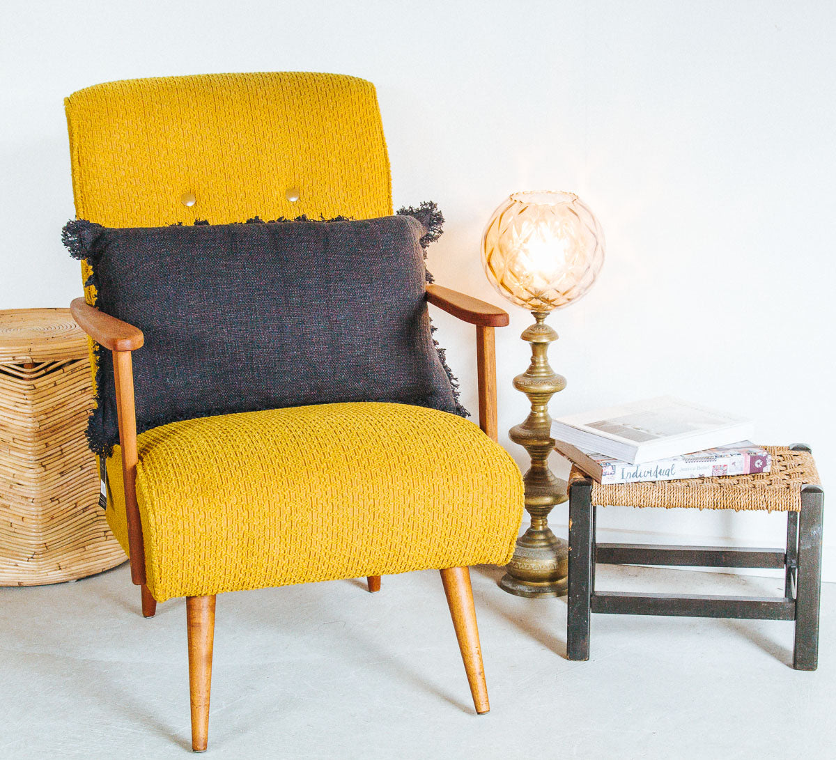 vintage retro wooden boucle bright yellow armchair