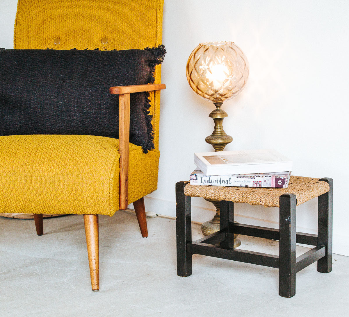 vintage boho moroccan seagrass wooden stool side table