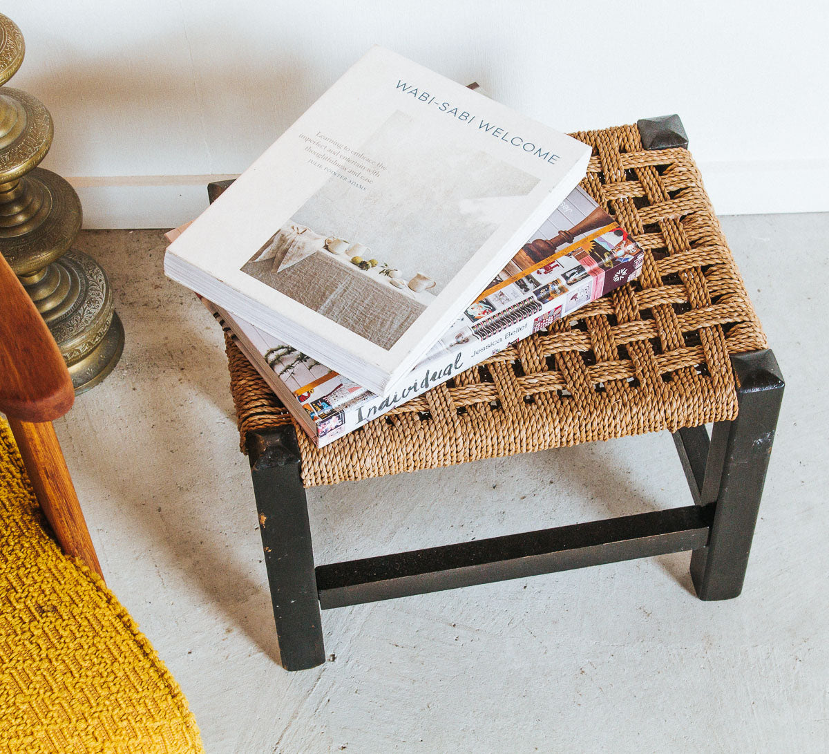 vintage boho moroccan seagrass wooden stool side table