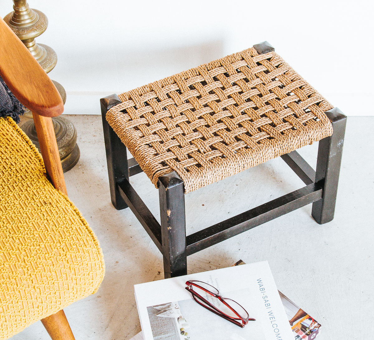 vintage boho moroccan seagrass wooden stool side table