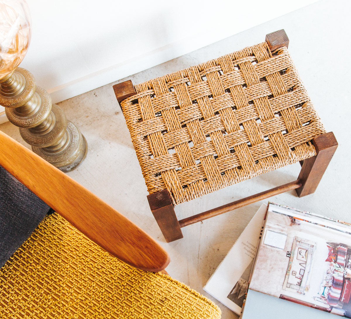 vintage boho moroccan seagrass wooden stool side table