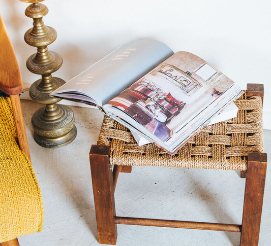 vintage boho moroccan seagrass wooden stool side table