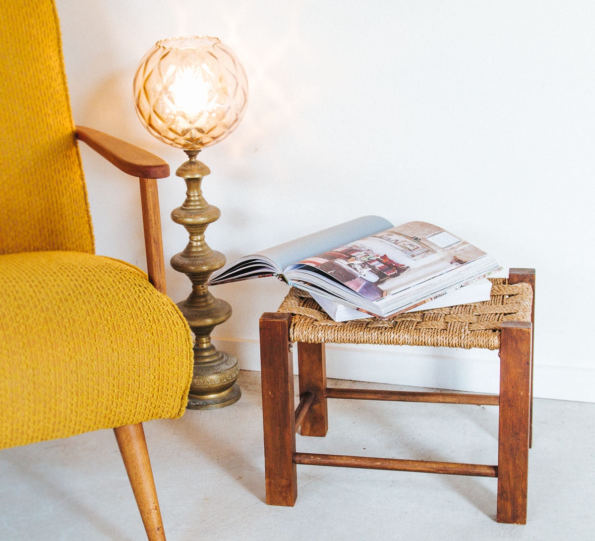 vintage boho moroccan seagrass wooden stool side table