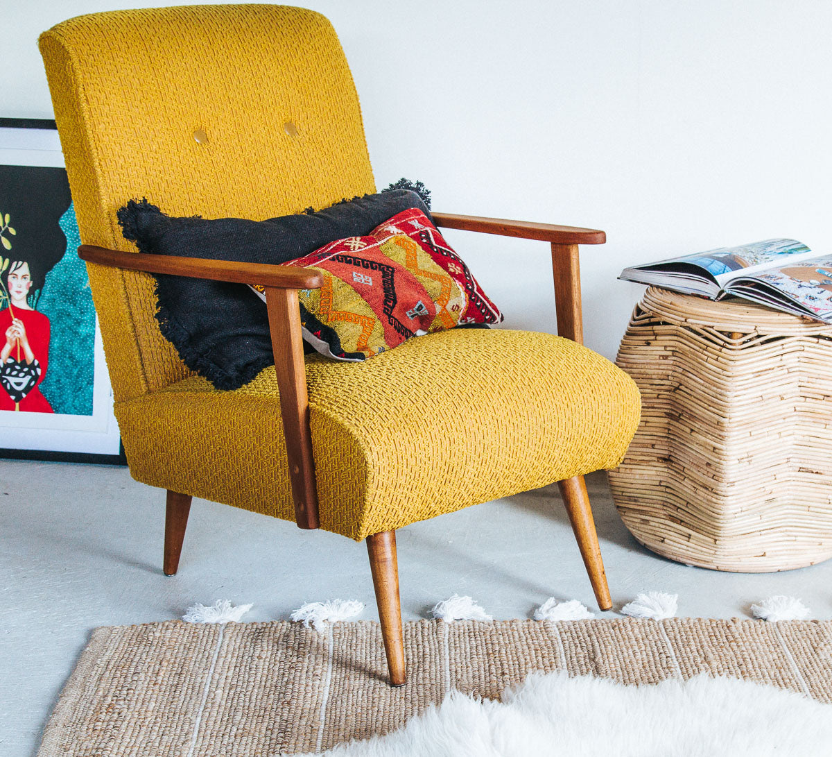 vintage retro wooden boucle bright yellow armchair