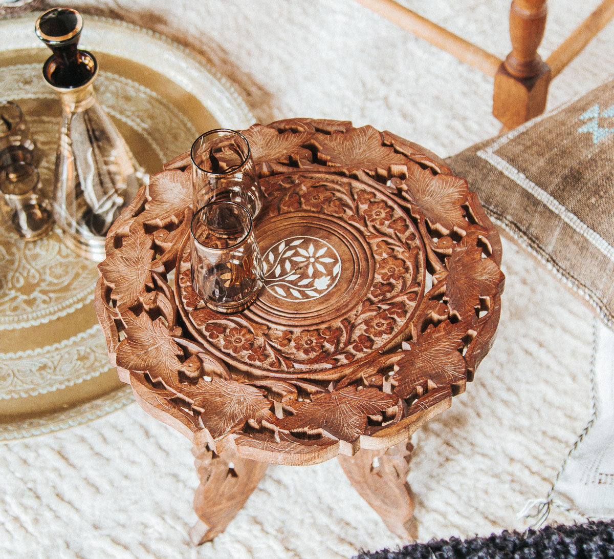 vintage boho indian wood carved mini side table stool