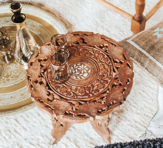 vintage boho indian wood carved mini side table stool